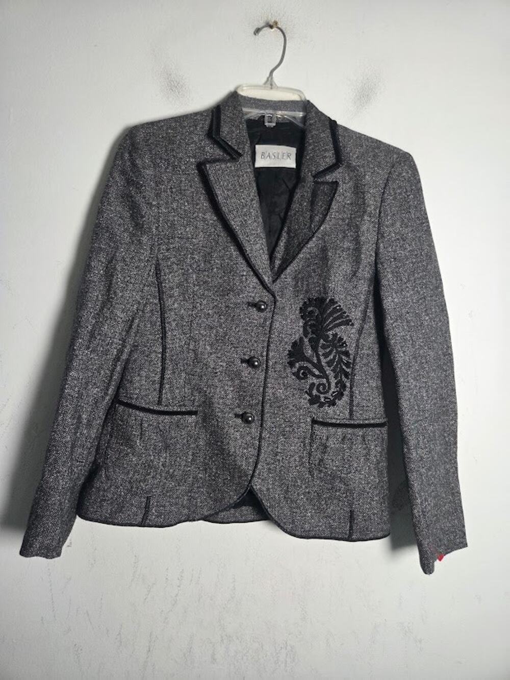 B/A/S/L/E/R Charcoal Grey Virgin Wool/Silk Tweed Herringbone Blazer sz 34/6